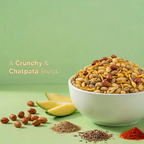 Bowl of suprsnacks crunchy chatpata snack with ingredients on a green background