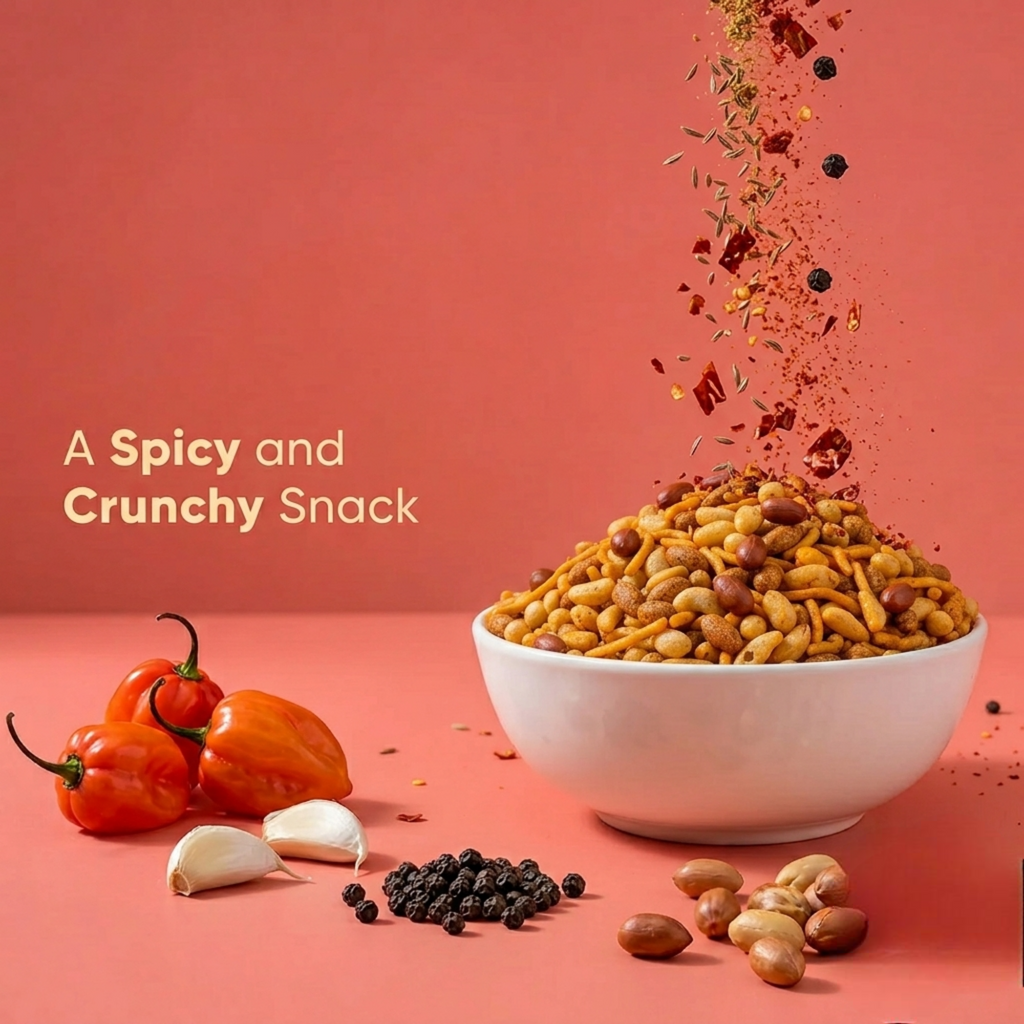 Spicy and crunchy snack in a bowl with peppers and garlic on a red background